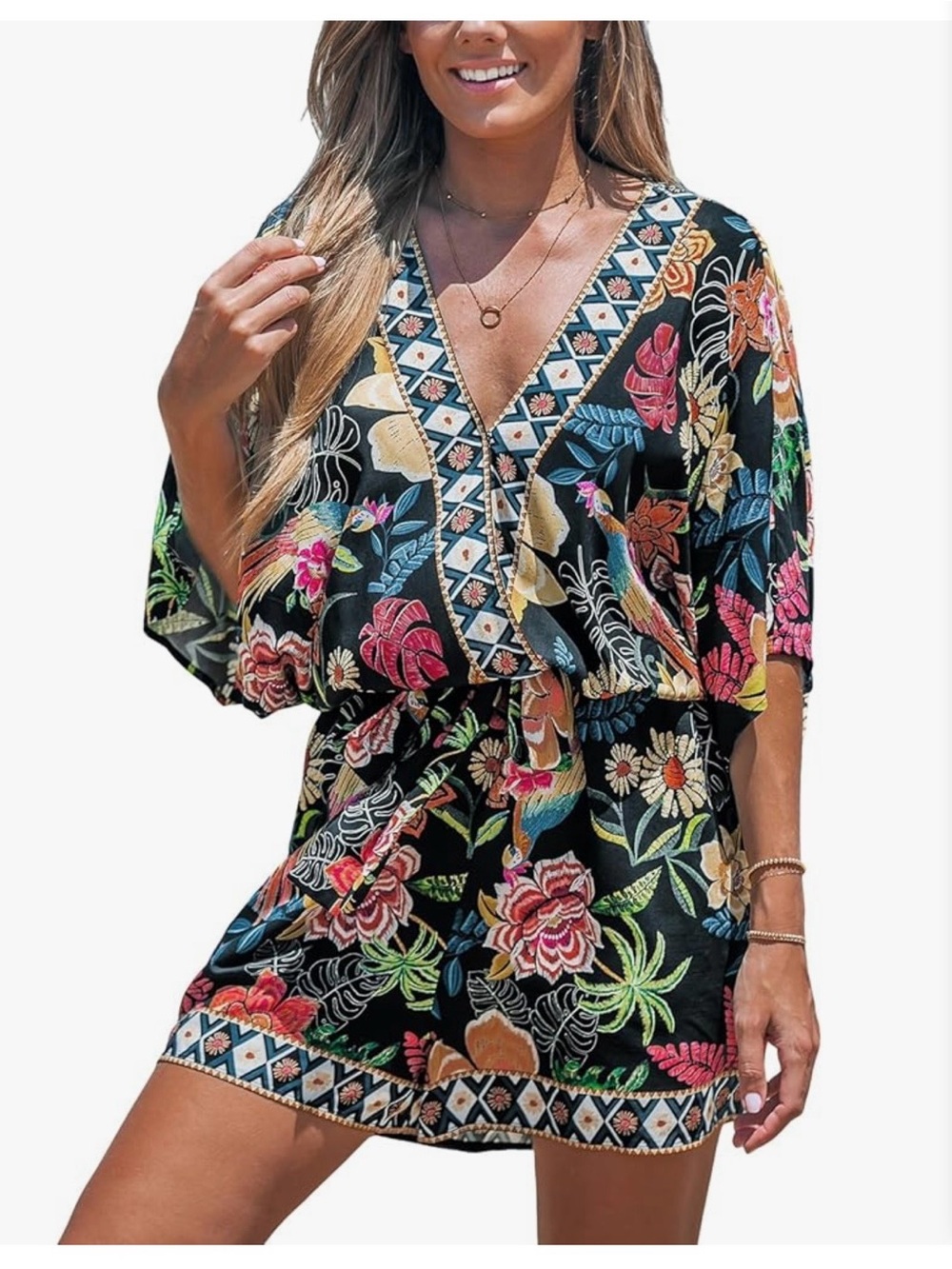 CUPSHE Floral V-Neck Black Women’s Swim Cover-Up Romper XL